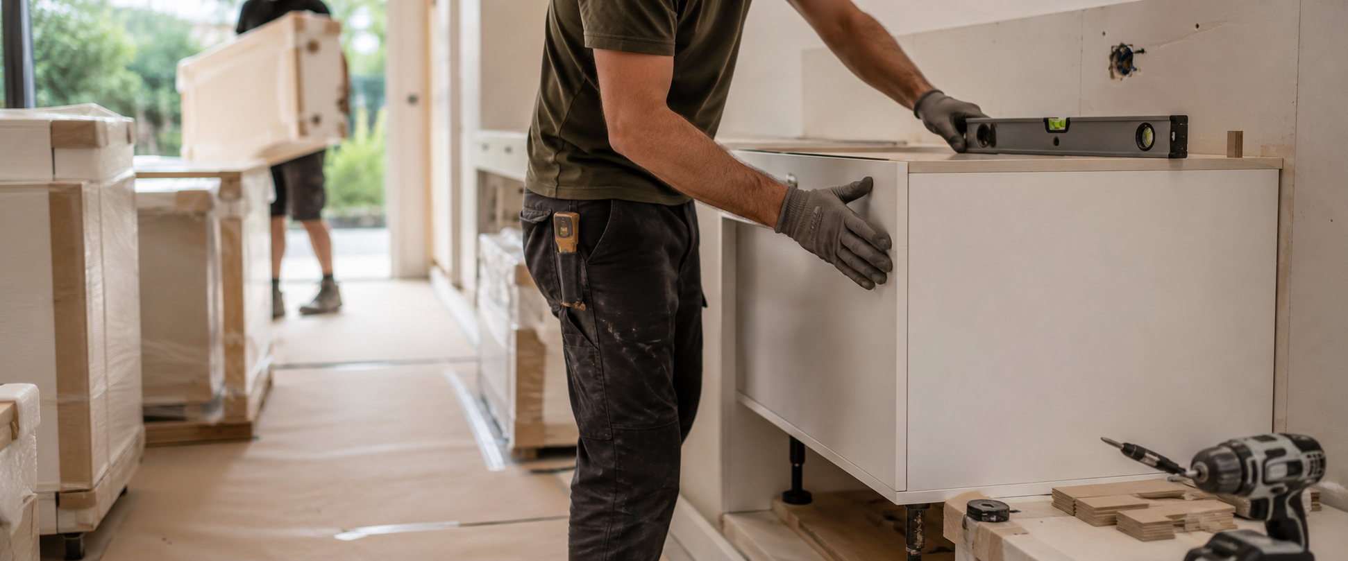 Wrapped cabinetry delivery and an installer levelling a base cabinet on protected flooring