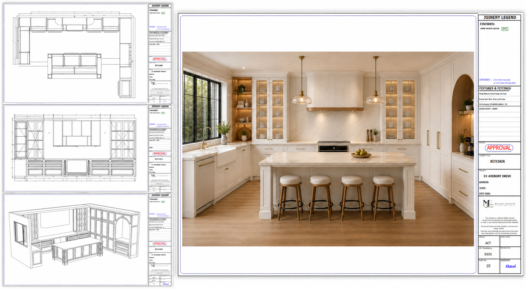 Three stacked technical kitchen drawing sheets