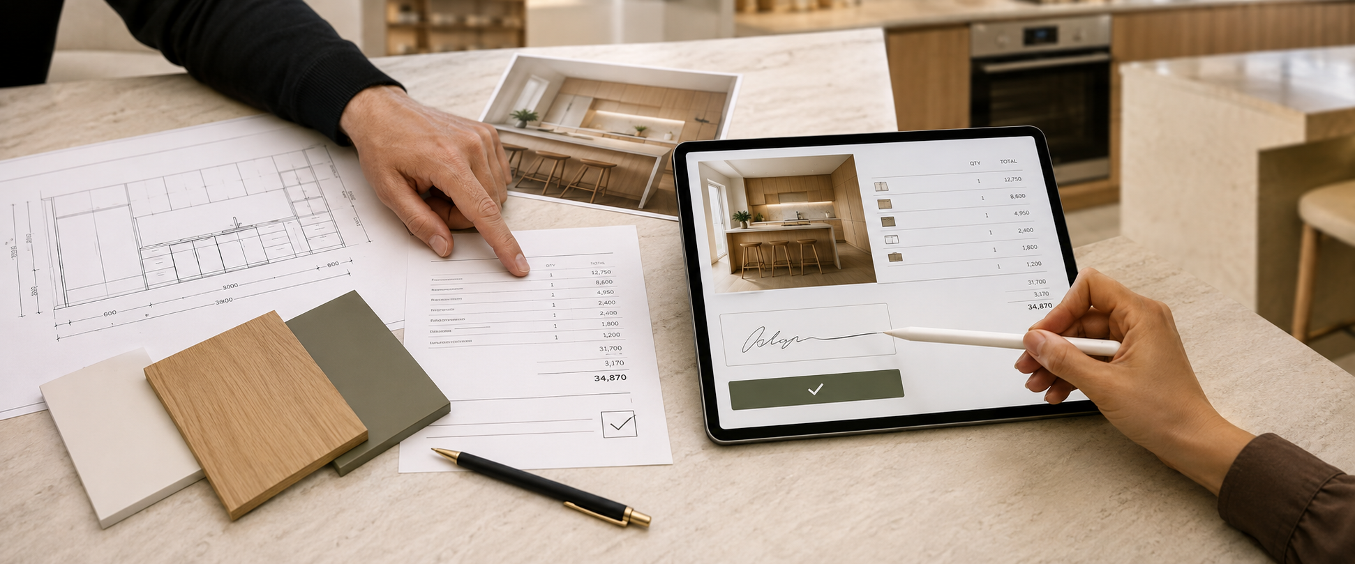 Final joinery quotation for $34,870 displayed on a tablet and printed document with approval signature, kitchen drawing, render and material samples