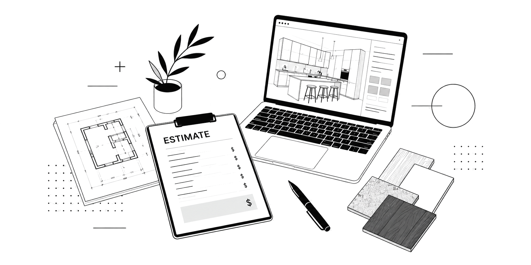 Initial joinery estimate illustration with plans, laptop and material samples