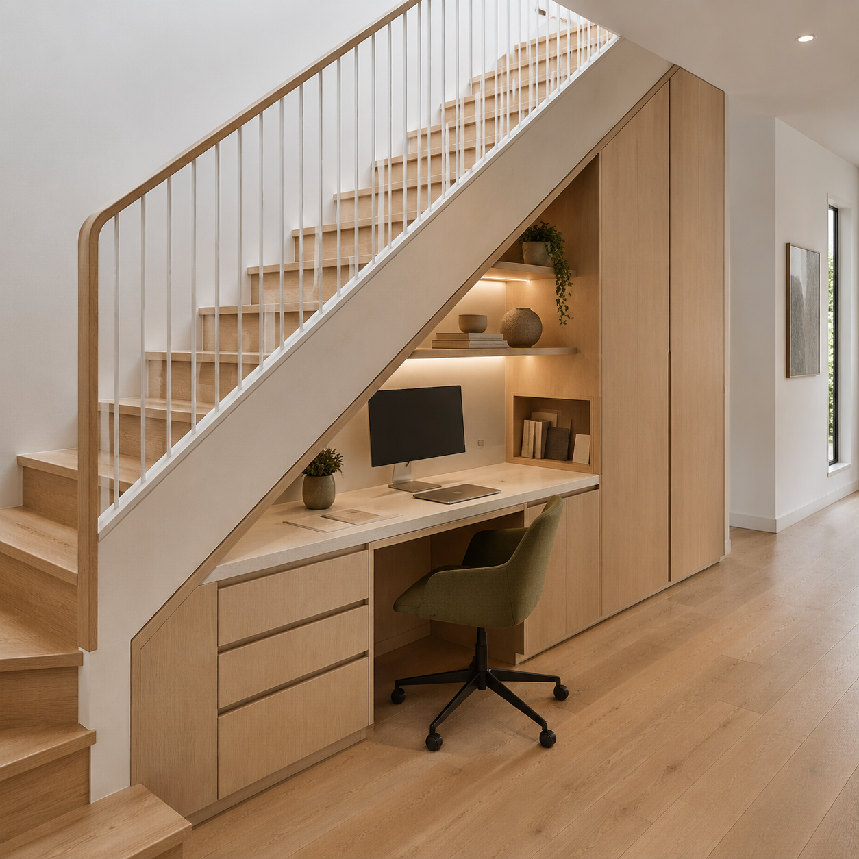 Custom natural oak joinery designed around an architectural interior