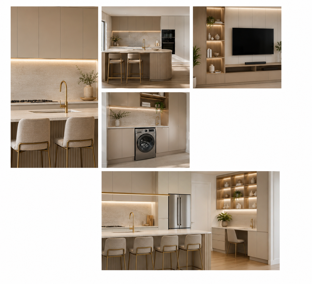Coordinated modern custom joinery spaces in warm Nescafé, taupe and white finishes