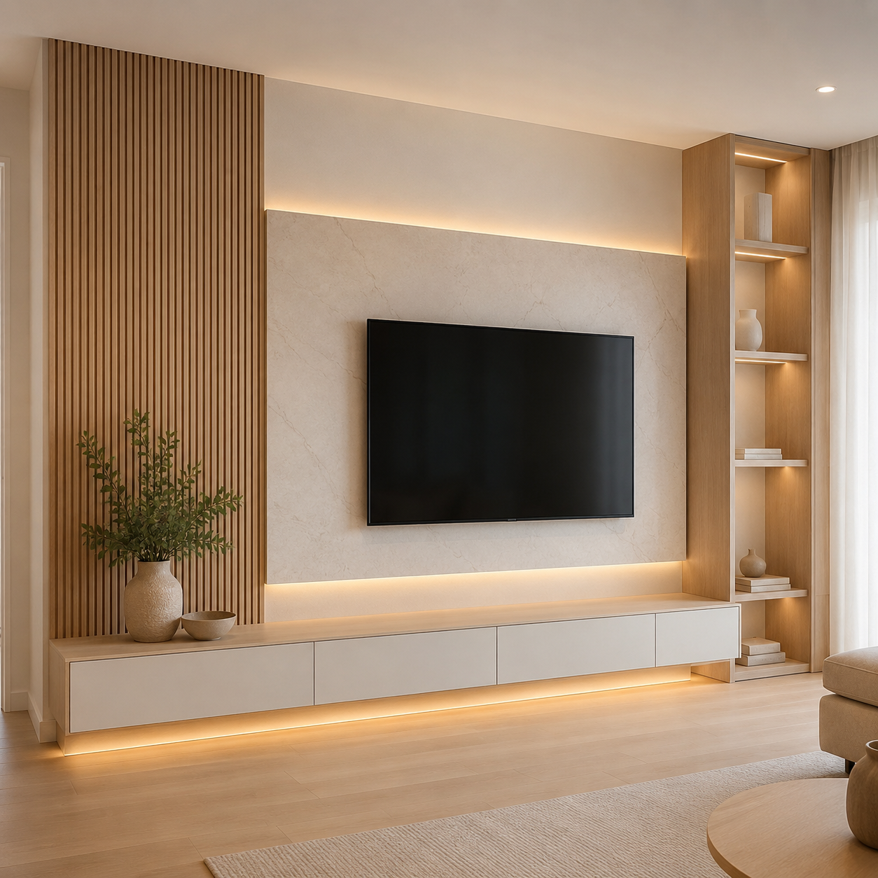 Custom living-room TV unit with timber battens, stone panel and integrated shelving
