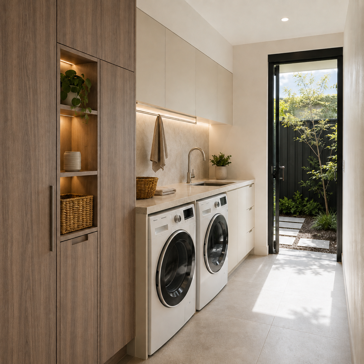 Contemporary laundry cabinetry and integrated storage