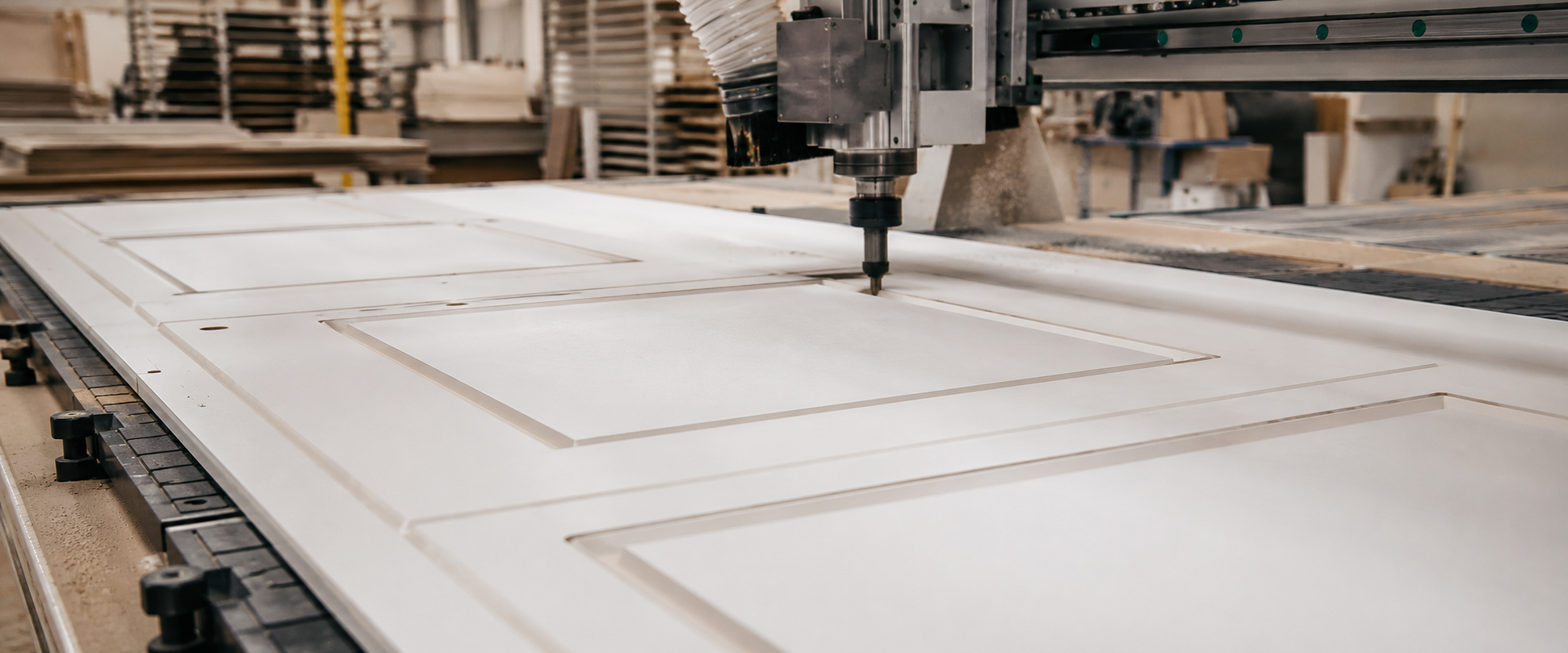CNC machine routing Shaker-style cabinet doors into a white MDF sheet