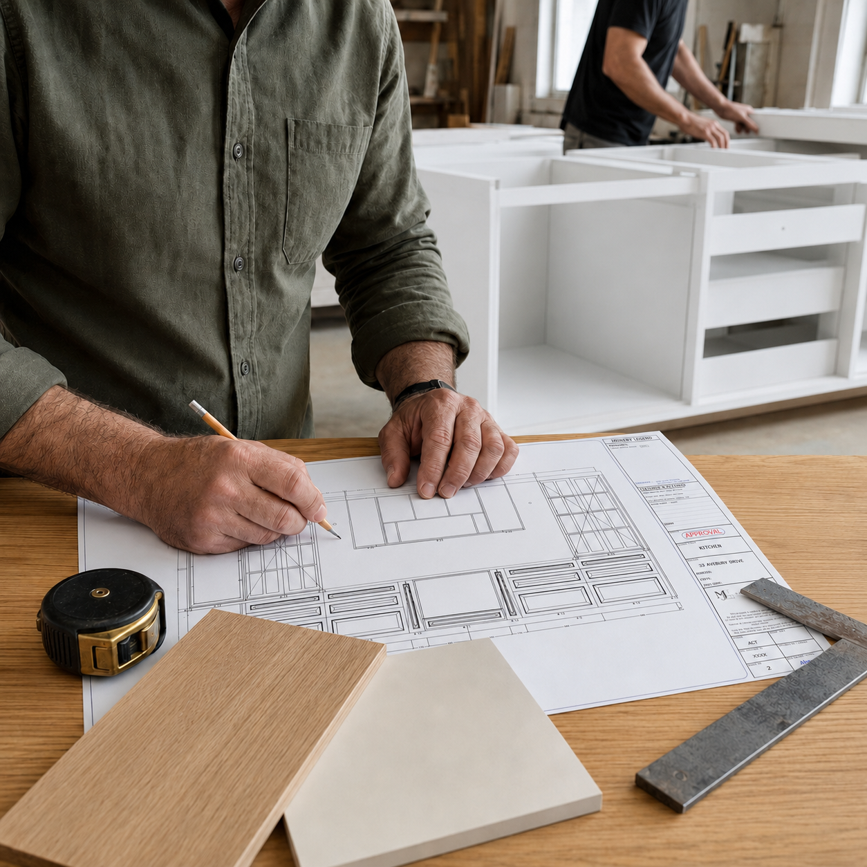 Cabinet maker marking a detailed range hood with a green laser level