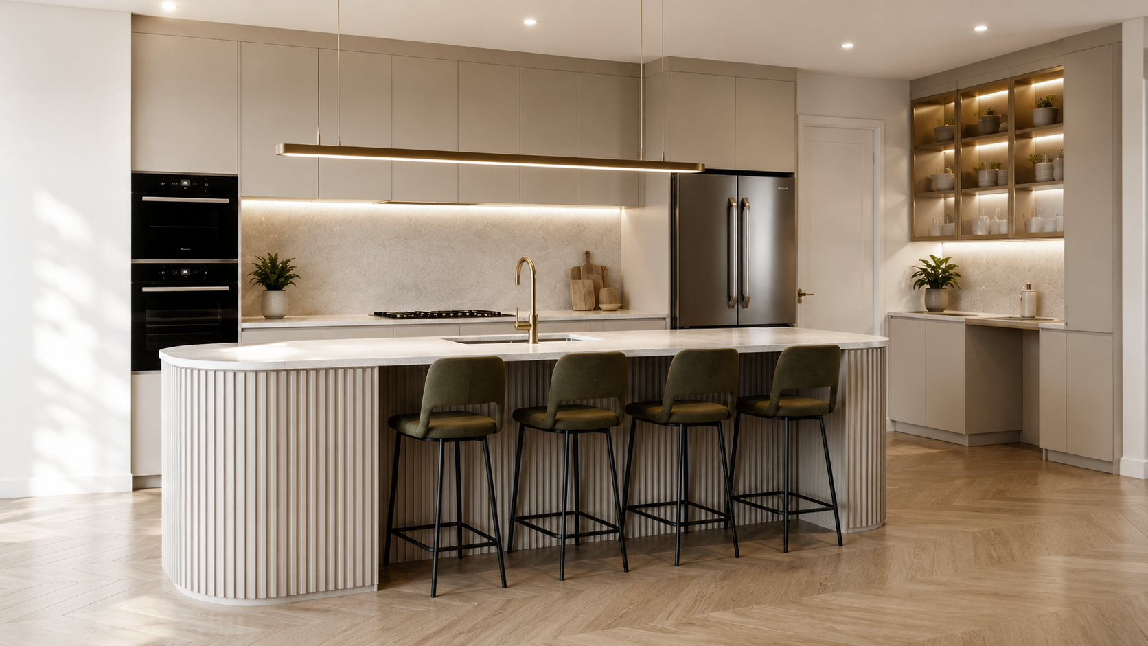 Contemporary kitchen with curved fluted island and custom cabinetry
