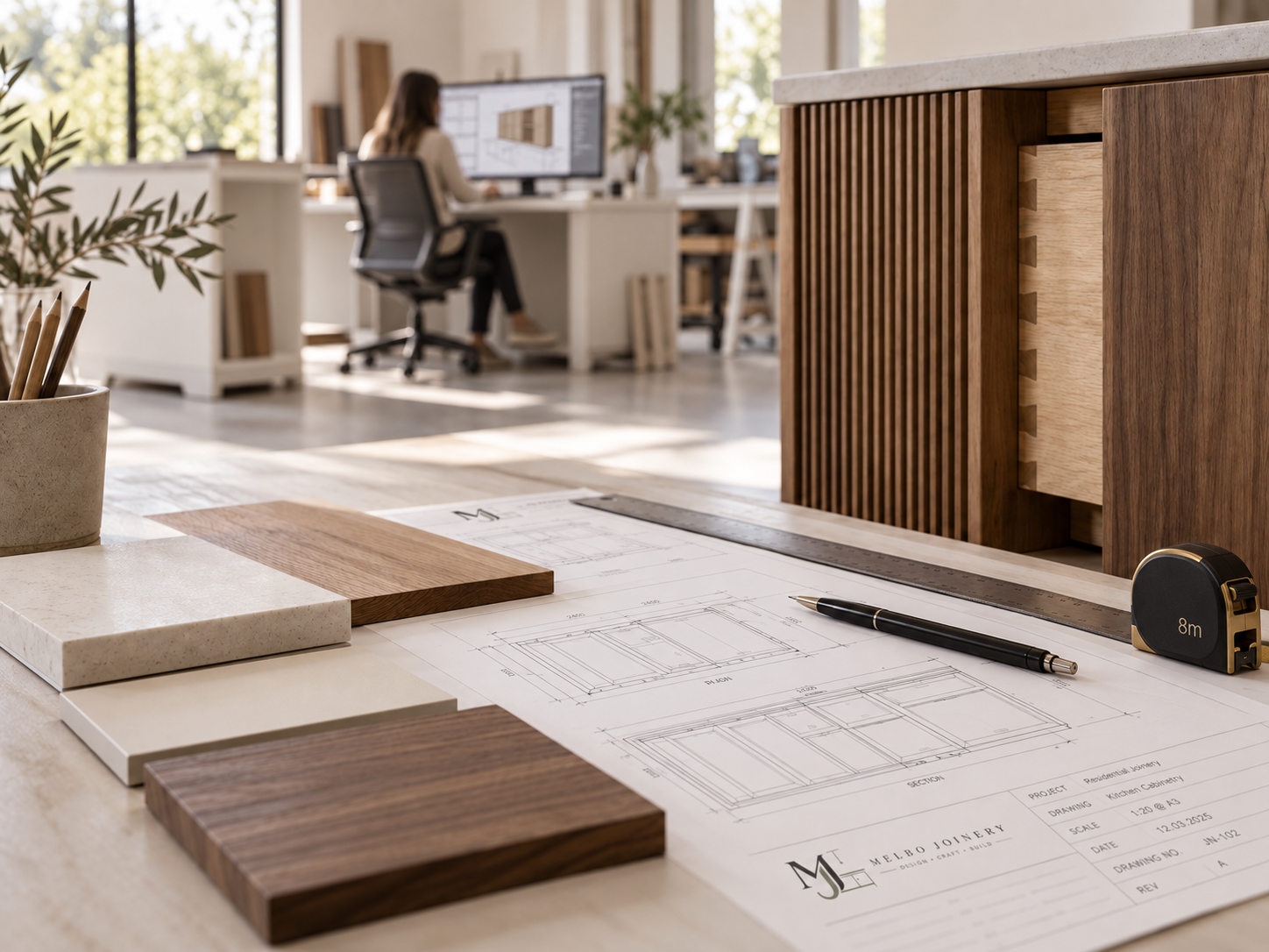 Cabinet maker working in a professional joinery workshop