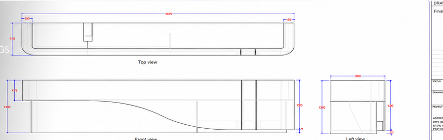 Technical drawing of the custom reception counter