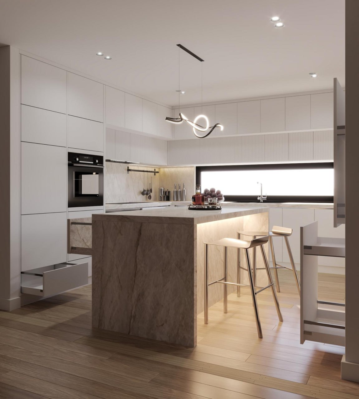 Custom kitchen joinery design with stone island