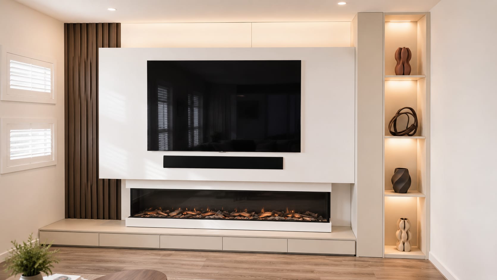 Completed TV unit and fireplace feature wall