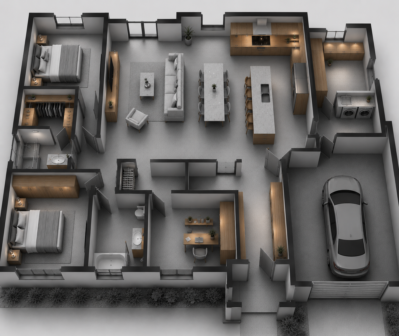 Bird's-eye 3D floor plan showing custom joinery throughout a home