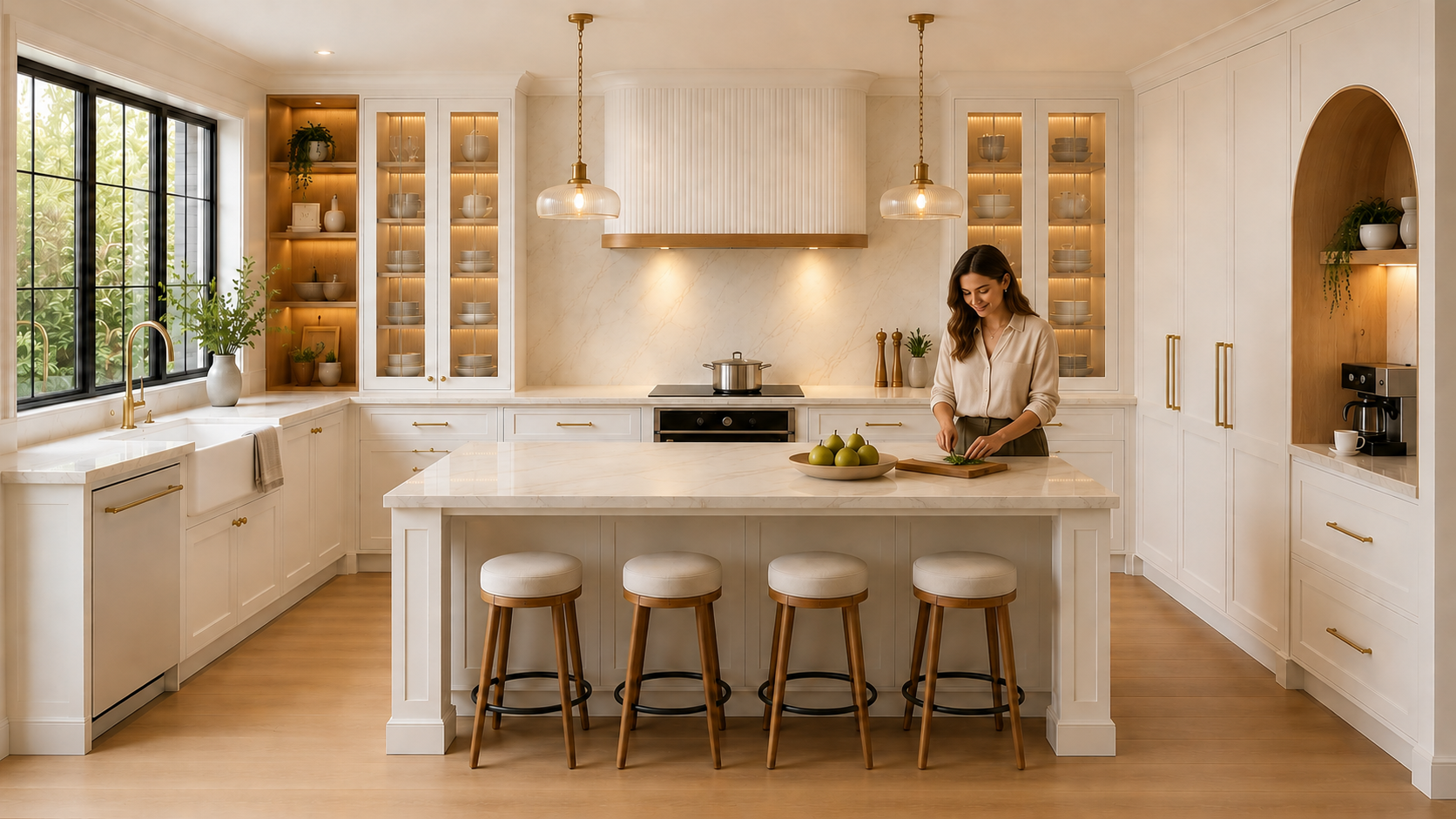 Completed premium kitchen with a woman preparing food at the island and a pot on the cooktop
