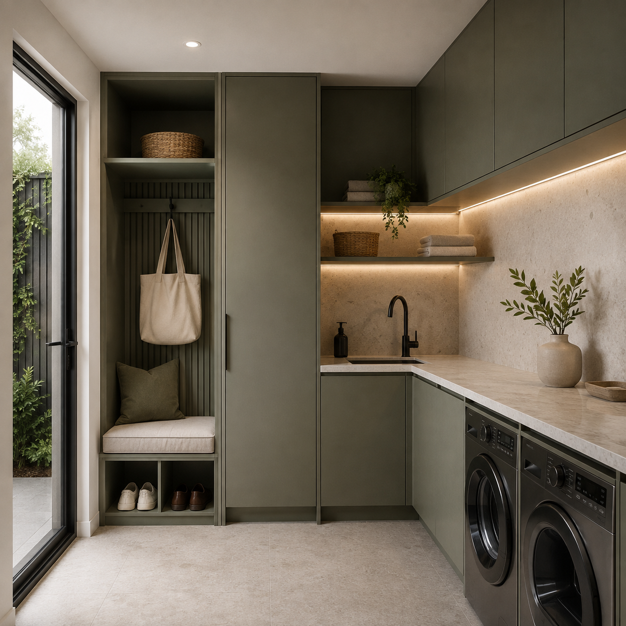 Custom olive-toned mudroom and laundry joinery