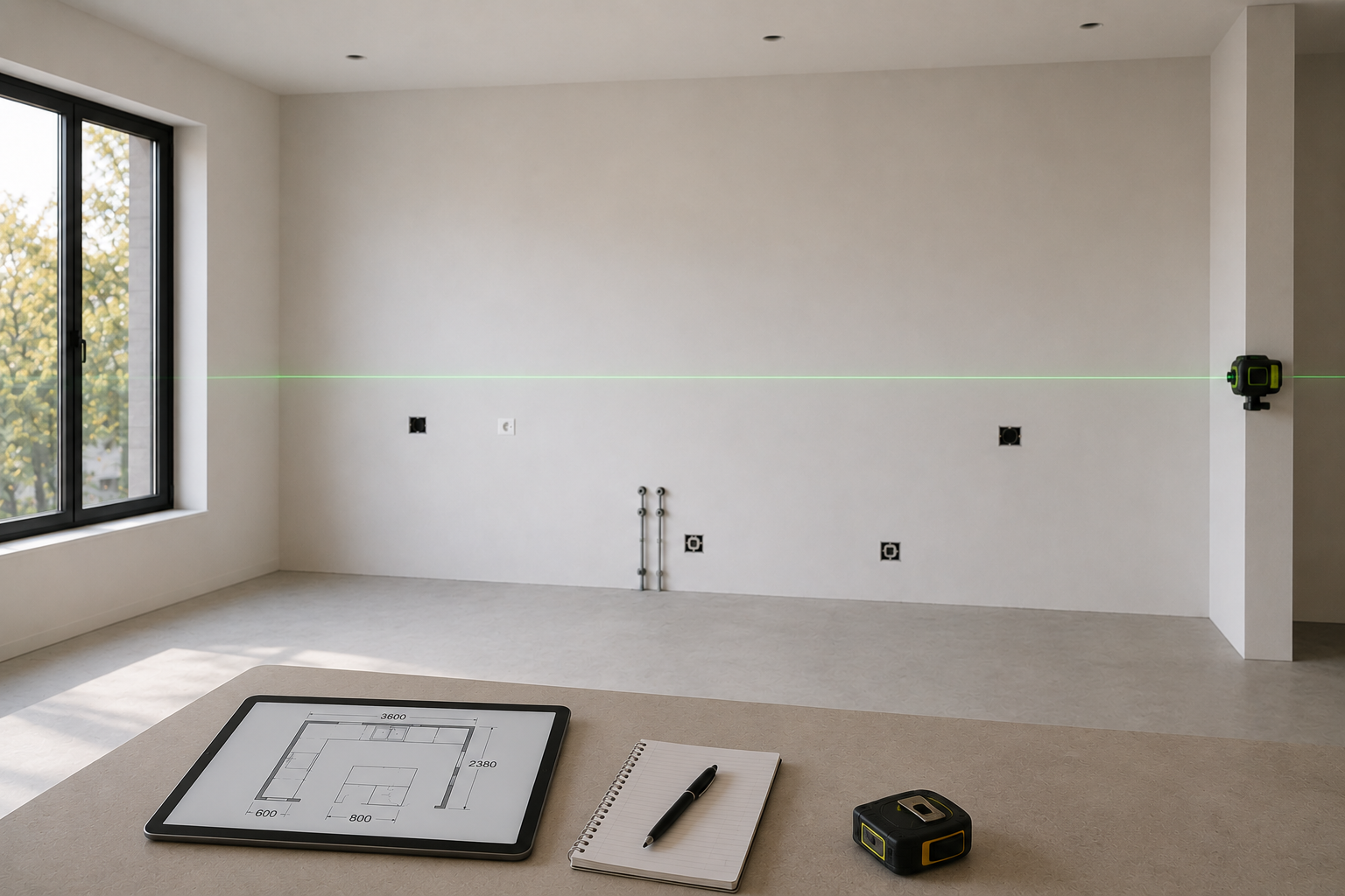 Site measurement with floor plan, notebook, tape measure and wall-mounted laser level
