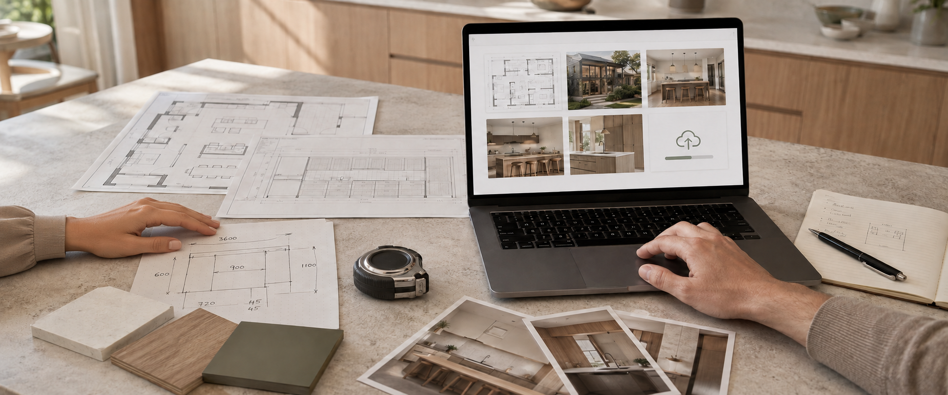Kitchen plans, measurement sketch, samples and inspiration images beside a laptop project upload interface